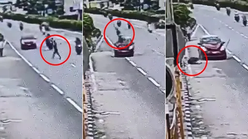 驚悚影片｜橫越車道邊講手機　他加速躲車正好撞上駕駛躲他