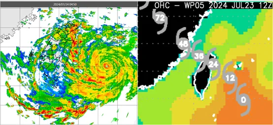 左圖：今(24)日4：50雷達回波合成圖顯示，「凱米」已有小而紮實的眼牆結構。

右圖：「凱米」逐漸接近台灣，亦將脫離「海洋熱含量」高的海域。(擷自RAMMB)。氣象應用推廣基金會