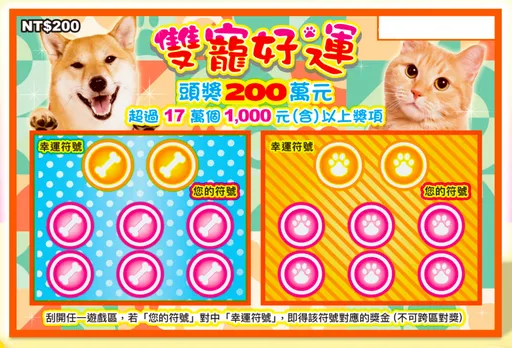 柴犬、橘貓變成刮刮樂!台彩今推2款新品 花200元可中200萬