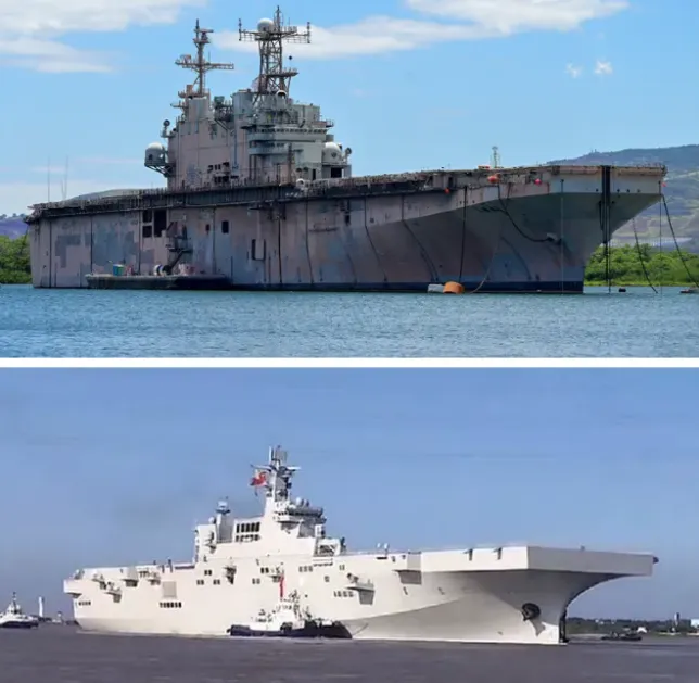 被當成靶船的4萬噸級「塔拉瓦號」（上圖，中央社）對標中國海軍的075型兩棲攻擊艦（下圖，翻攝解放軍網）。