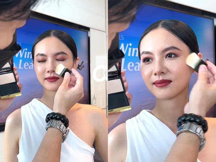 先使用蜜粉刷輕拍臉部有油光之處，藉此吸附油光，第二層再以畫圈輕拋的動作，讓原來的底妝更加細緻。張家玲攝