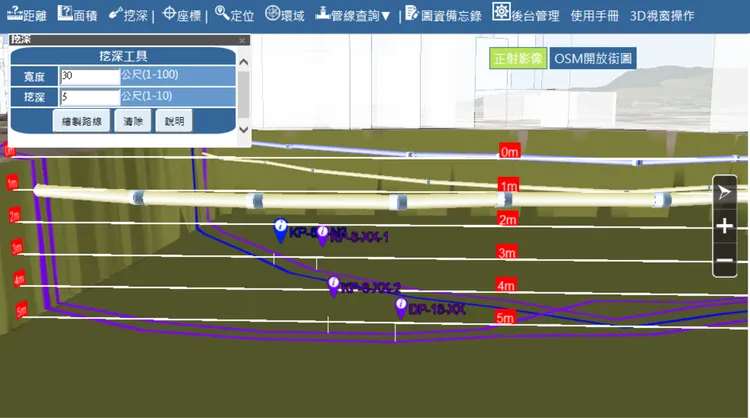 三維圖資搭配局部挖深工具功能，可迅速釐清目前所在一定範圍內的地下管線配置與路徑走向與地面上空間相對位置。經發局提供