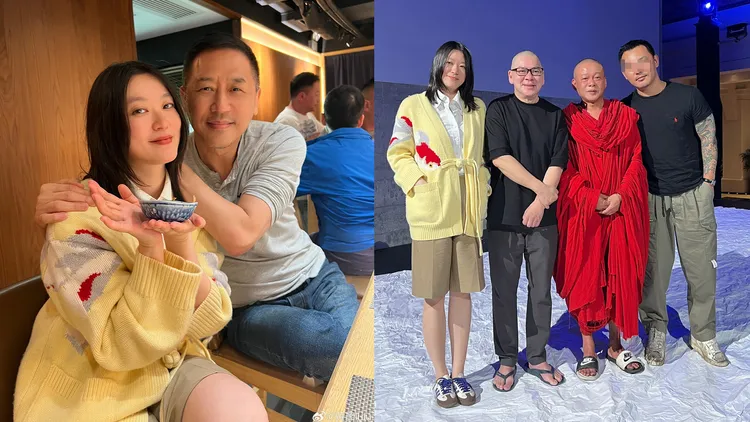 女星黃璐今年3月到香港捧場蔡明亮與李康生的舞台劇，開心和唐鶴德（左圖右）相聚，照片出現疑似唐鶴德的新歡（右圖右）。翻攝黃璐微博