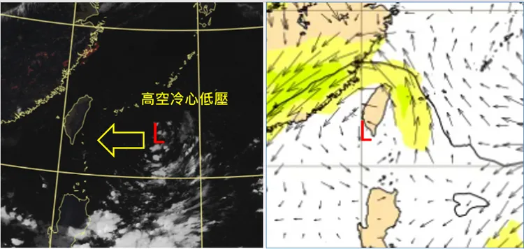 7日4時真實色強化雲圖顯示，高空冷心低壓約在台灣東方8百公里處、偏西前進（左）；最新（6日20時）歐洲模式（ECMWF）300百帕風場模擬圖顯示，高空冷心低壓8日20時已前進至台灣南部（右）。氣象應用推廣基金會