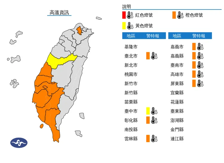 氣象署今（7）日白天針對「全台9縣市」發布高溫資訊。中央氣象署