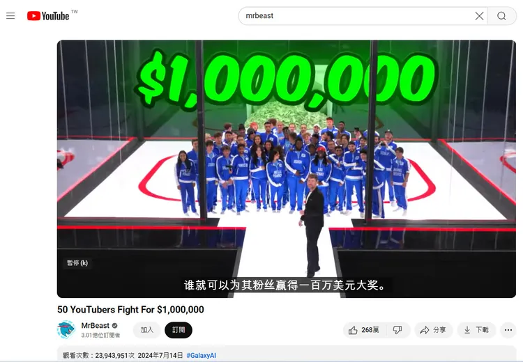 野獸先生最新影片「50位YT爭奪百萬美元」，砸2百萬美金打造真實版《魷魚遊戲》，並成功送出百萬美金大獎。翻攝《MrBeast》的YouTube頻道