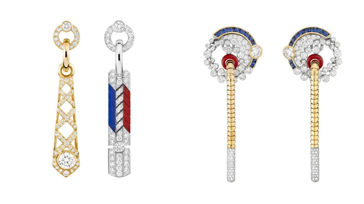 GOLD SLIDER 耳環（左），黃金、白金、鑽石、藍漆及紅漆，一顆重約0.70克拉F+VVS+明亮式切割鑽石，280萬6000元；SWEATER 耳環（右），白金、黃金、藍寶石及紅漆，二顆各重約 0.75 克拉 F+ VVS+明亮式切割鑽石，1124萬4000元。品牌提供