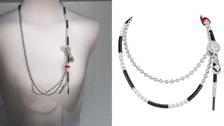 GOLD SLIDER BLACK & WHITE項鍊，白金、鑽石、紅漆及白色陶瓷，一顆重約 2.04 克拉 DE IF-VVS 正方祖母綠形切割鑽石，2587萬7000元。品牌提供