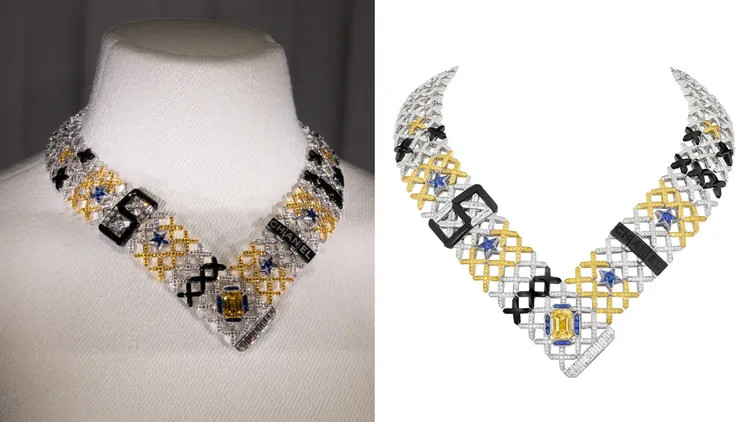 QUILTED STARS 項鍊，白金、黃金、鑽石、黃鑽、藍寶石及瑪瑙，一顆重約 7.06 克拉 FVOY VSI 祖母綠形切割黃鑽，1億1535萬3000m元。品牌提供