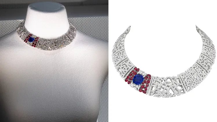 CHANEL PRINT項鍊，白金、鑽石、藍寶石及紅寶石，一顆重約18.00克拉枕形切割藍寶石，9041萬2000元。品牌提供