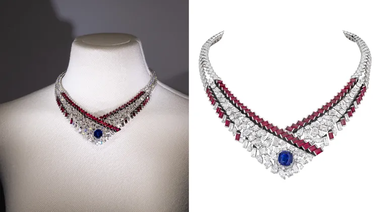 GRAPHIC LINE項鍊，白金、鉑金、鑽石、藍寶石、紅寶石及瑪，一顆重約10.15 克拉枕形切割藍寶石，2億4941萬3000元。品牌提供