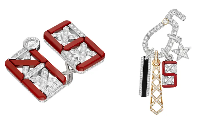 QUILTED 5 戒指（左），白金、鑽石及紅漆，一顆重約1.04克拉D IF明亮式切割鑽石，935萬3000元；SPORTY 5 COLLECTOR胸針（右），白金、黃金、鑽石、紅漆及黑漆，561萬2000元。品牌提供