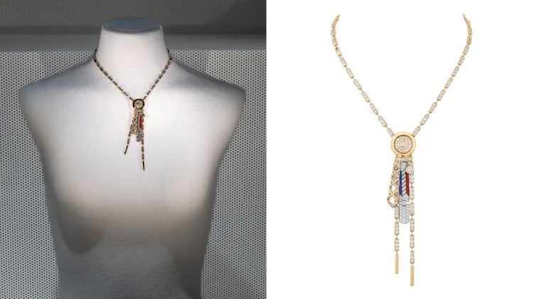 GOLD SLIDER 項鍊可調節式作品，黃金、白金、鑽石、藍漆及紅漆，一顆重約 0.76 克拉 F+ VVS+ 明亮式切割鑽石，561萬2000元。品牌提供