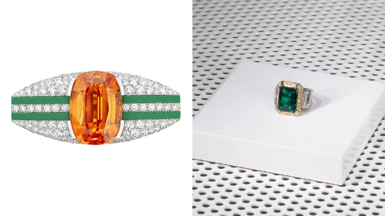 GRAPHIC LINE 戒指（左圖），白金、鉑金、鑽石、錳鋁榴石及綠漆，一顆重約 30.67 克拉枕形切割錳鋁榴石，2650萬元；SPORTY 5 戒指可轉換式作品（右圖），白金、黃金、鑽石及祖母綠，一顆重約10.24克拉八角形切割祖母綠，1億9017萬7000元。品牌提供