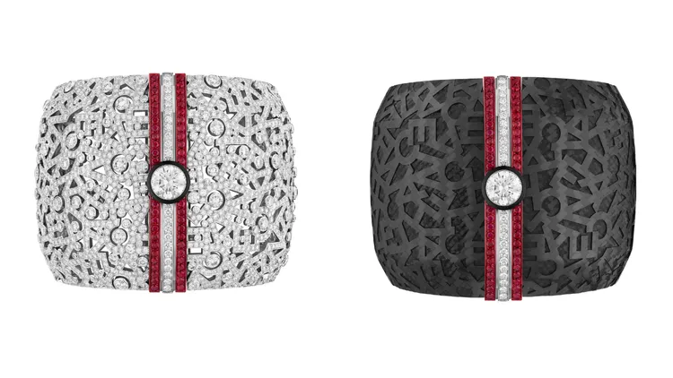 CHANEL PRINT 手鐲可轉換式作品，可各自拆卸搭為兩半搭配佩戴，白金、鑽石、紅寶石、碳纖維、黑漆及紅色鋁，7482萬4000元。品牌提供