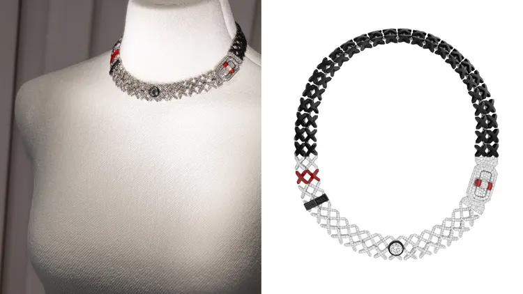 QUILTED 2.55 項鍊，白金、鑽石、紅漆及黑漆，一顆重約 2.01 克拉 E IF-VVS 明亮式切割鑽石，2338萬2000元。品牌提供