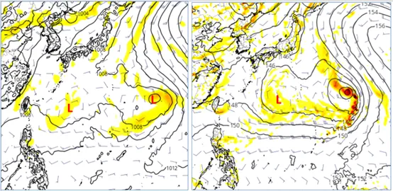 最新(30日20時)歐洲模式(ECMWF)模擬、下週二(6日)20時850百帕渦度場及地面氣壓圖(左圖)，及美國模式(GFS)模擬、850百帕高度場及渦度場(右圖)顯示，台灣東方、日本南方廣大的海面，大低壓環流醞釀中，其中或有多個熱帶擾動發展。氣象應用推廣基金會