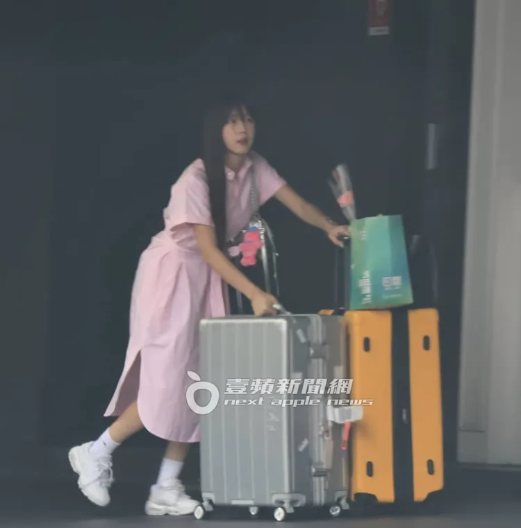安芝儇自己拖著2人的行李進飯店。特勤中心攝