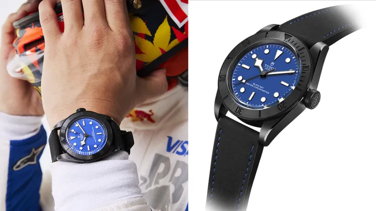 帝舵Black Bay Ceramic藍色款，41mm，微珠噴砂啞黑色陶瓷錶殼，藍色錶面，皮膠合成錶帶，原廠MT5602-1U型雙向擺陀系統自動上鏈機械機芯，動力儲存70小時，防水深度200米。品牌提供
