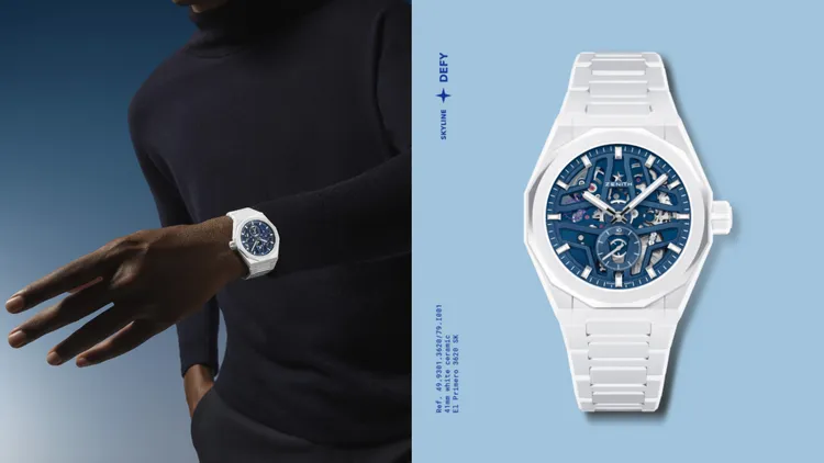 ZENITH白色陶瓷DEFY SKYLINE鏤空腕錶，41mm，白色陶瓷錶殼，藍色鏤空錶盤，白色陶瓷錶練，El Primero 3620型自動上鏈機芯，動力儲存55小時，防水深度100米，61萬5000元。品牌提供