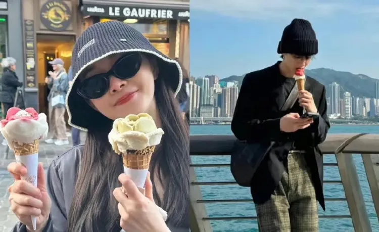 宋軼（左）、白敬亭（右）旅遊分別曬照，曾遭網友揪出2人吃同款冰淇淋。翻攝宋軼微博及白敬亭小紅書