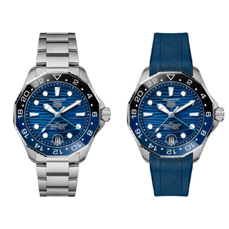 泰格豪雅Aquaracer Professional 300 GMT腕錶，藍面精鋼款13萬8000元、橡膠錶帶款13萬1200元。品牌提供