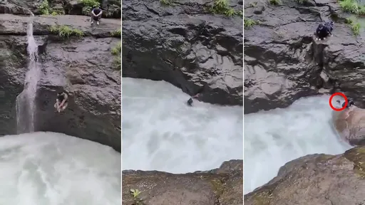 玩命影片｜跳瀑頂水池炫泳技　拳擊猛男被瀑布沖落山谷消失了