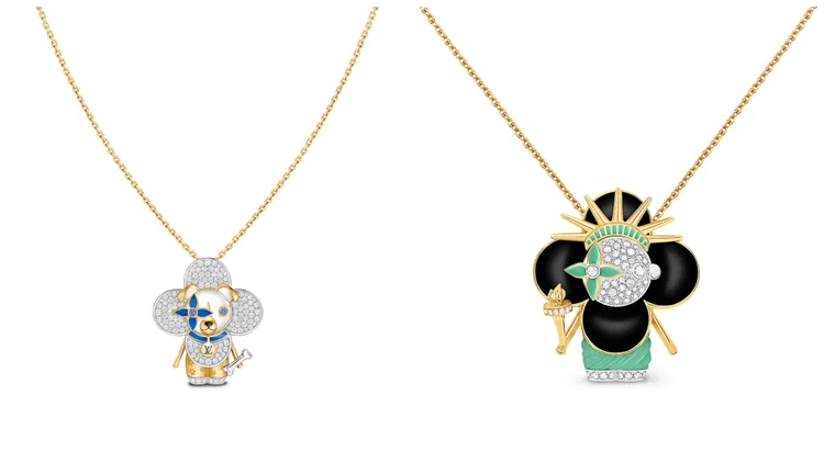 VIVIENNE DOG吊墜（左圖）153萬元、VIVIENNE STATUE OF LIBERTY 白K金、黃K金及亮漆配鑽石吊墜（右圖）114萬元。品牌提供