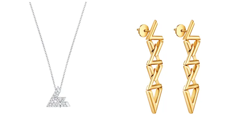 LV VOLT ONE白金及密鑲鑽石吊墜（左圖）19萬3000元、LV VOLT CURB CHAIN黃K金耳環（右圖）18萬7000元。品牌提供

