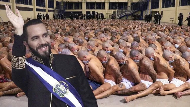 薩爾瓦多總統布格磊嚴厲打擊黑幫，逮捕超過8萬名黑道份子。合成畫面。背景為被逮捕入獄的黑幫。美聯社