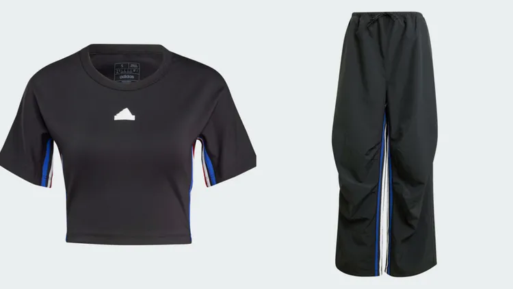 圓領短版上衣1090元、Dance降落傘褲2290元。品牌提供