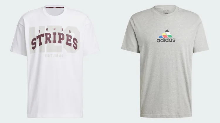 男款圓領上衣（左）1290元、印花logo圓領上衣（右）1090元。品牌提供