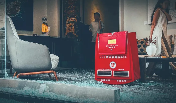 紅色郵筒噴飛進店面。網友Sam Fang提供