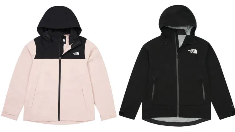 女款粉色防水透氣可調節收納連帽衝鋒衣（左）7380元、黑色防水透氣可調節可打包連帽衝鋒衣1萬8380元。品牌提供