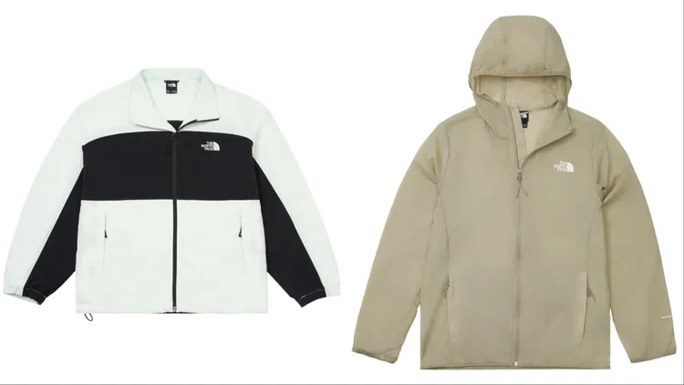 男款綠黑拼接防風防潑水外套（左）4880元、男款UPF棕色防風防曬連帽外套4380元