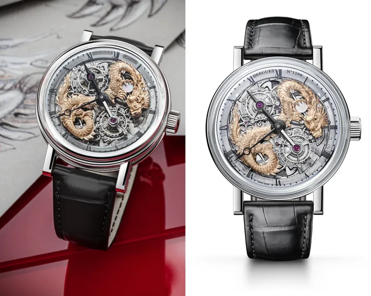 Classique Double Tourbillon Dragon 5345腕錶龍年限定版，46mm，950鉑金錶殼，錶盤：藍寶石水晶錶盤，黑色鱷魚皮錶帶，588N1手動上鍊機芯，動力儲存60小時，約75萬至80萬瑞法（約2764萬至2948萬台幣）。品牌提供
