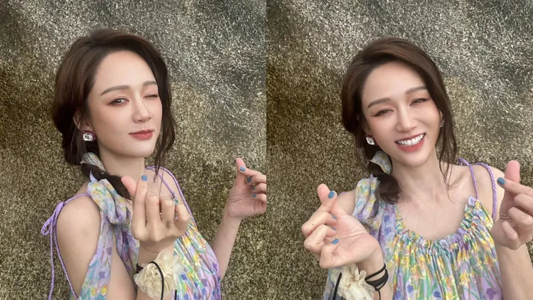 陳喬恩穿著cocoon淡紫色渲染印花洋裝。翻攝一號狗不理湯包小紅書