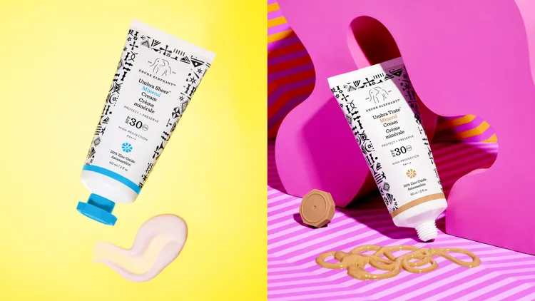 醉象礦物透亮物理防曬霜自然粉色（左）、礦物潤色物理防曬霜淺金色，各60ml／1200元。品牌提供