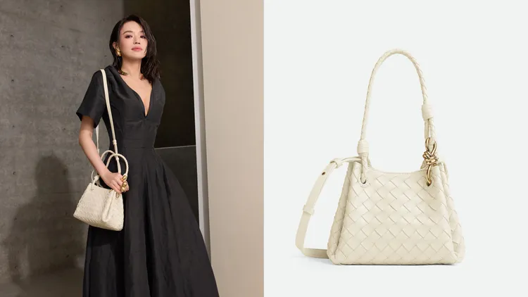 女神舒淇也曾背上BOTTEGA VENETA Parachute米白色編織皮革肩背斜背包，12萬5600元。品牌提供