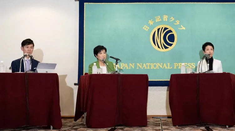 日本東京都知事主要參選人包括廣島縣安藝高田市前市長石丸伸二、現任知事小池百合子與台裔前參議員蓮舫（左起）。資料照片