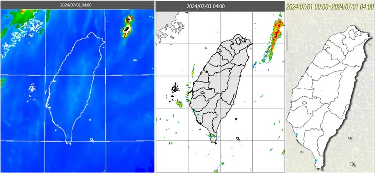 今(1日)晨4時紅外線色調強化雲圖顯示，台灣大致晴朗(左圖)。4時雷達回波合成圖顯示，西南部有零星回波移入(中圖)。4時累積雨量圖顯示，西南部有零星降雨(右圖)。氣象應用推廣基金會