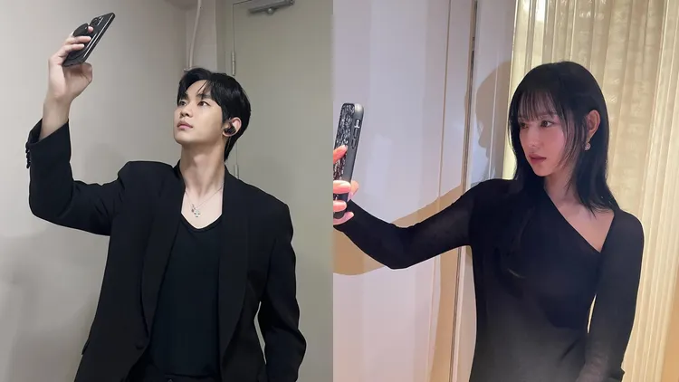 金秀賢（左圖）不久前被抓包IG分享的照片神似金智媛來台的拍照姿勢，後來刪除貼文。翻攝金秀賢、金智媛IG