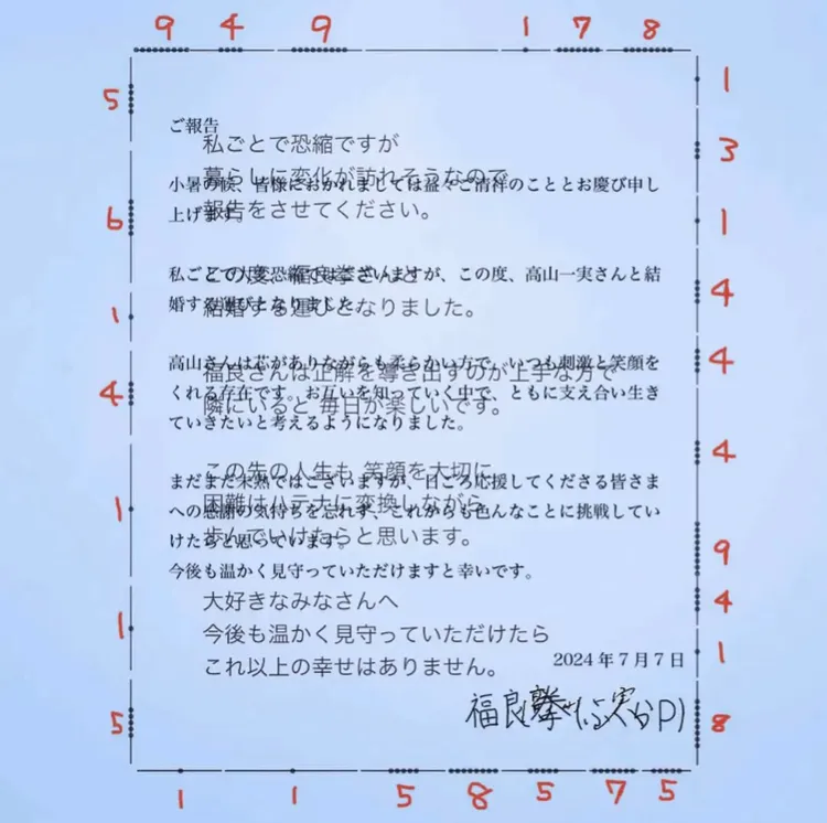 網友將高山一實和福良拳的結婚聲明重疊起來解謎。翻攝kokubucamera X