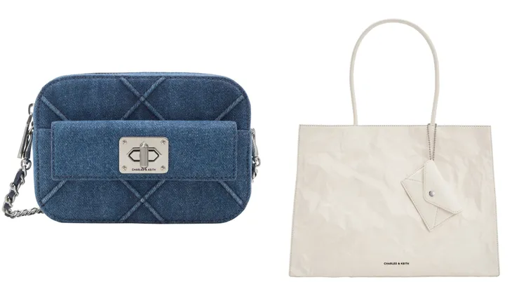 Eleni丹寧拉鍊斜背包（左）2590元、Matina皺褶感托特包2990元。品牌提供