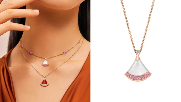 寶格麗Divas’ Dream玫瑰金粉紅剛玉與鑽石項鍊七夕限定款，價格店洽。品牌提供