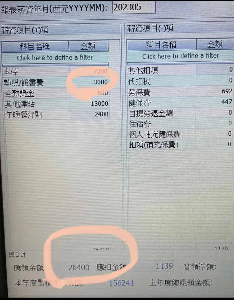 網友曬出自己月領26K的薪資單。翻攝Dcard