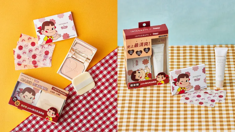 INTEGRATE長效控油蜜粉餅（左圖，6.5g／390元）、勻透亮顏CC霜（右圖，20g／330元），購買即會搭配贈送Peko聯名吸油面紙。品牌提供
