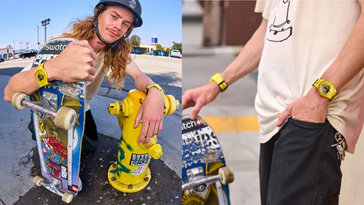 加拿大滑板明星Andy Anderson的NEW GENT腕錶以黃色基底搭配黑色線條。品牌提供