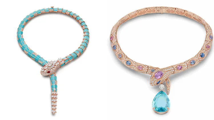 寶格麗Serpenti Heritage Turquoise典藏頂級綠松石項鍊（左圖）、Serpenti Aquamarine Dive海藍之夢頂級彩寶項鍊（右圖）。品牌提供
