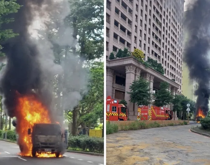 網友拍下火燒車畫面上船臉書社團，呼籲民眾別前往當地。翻攝自再出發．蘆竹南崁資訊大小是資訊分享團